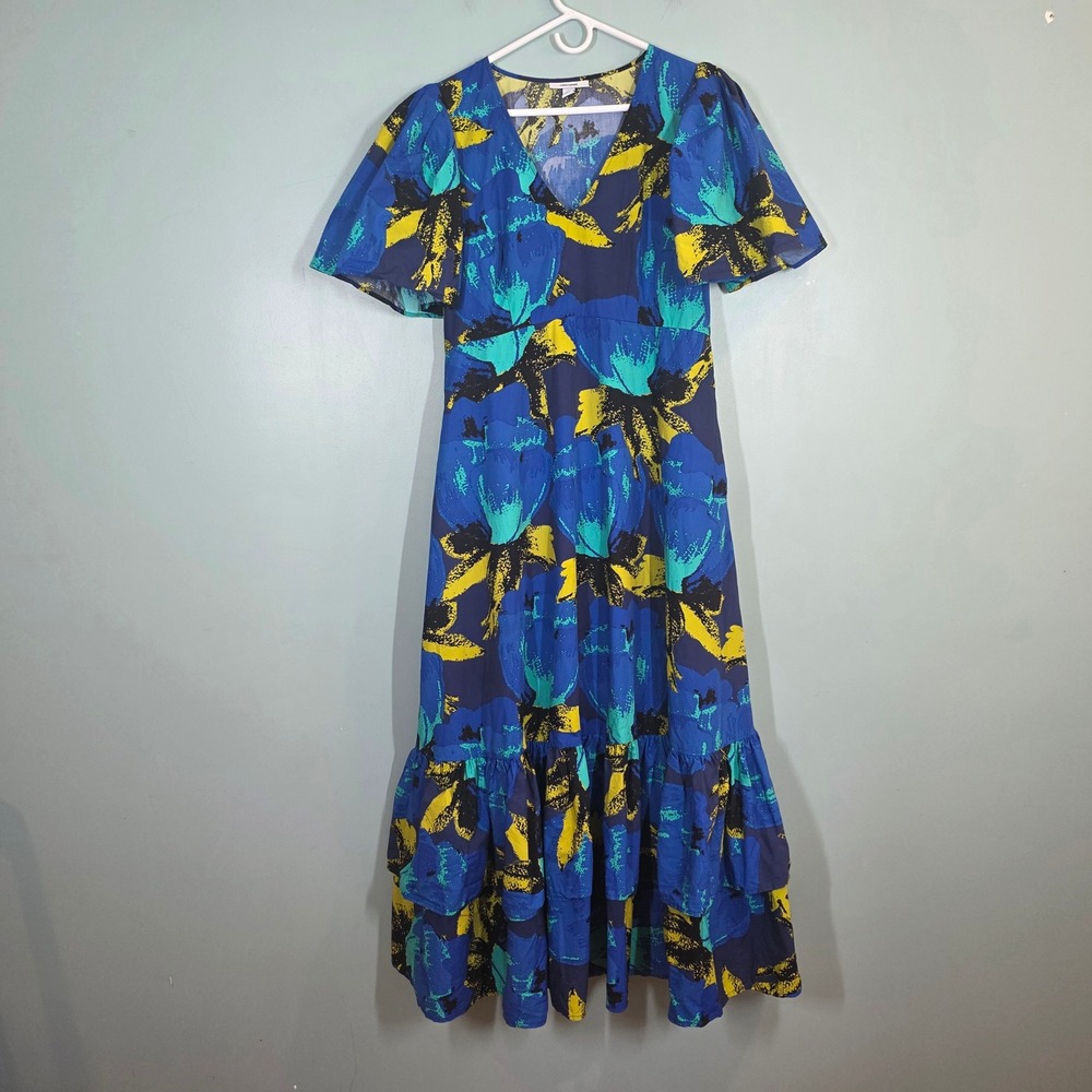 Christopher John Rogers Target Floral V-Neck Maxi Dress Blue‎ Yellow 14 Pockets